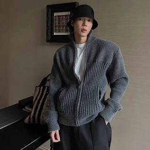 新款 美式复古双拉链立领开衫毛衣男款秋冬慵懒软糯针织衫外套