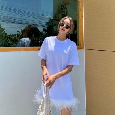王仙羽设计感纯棉女鸵鸟毛T恤