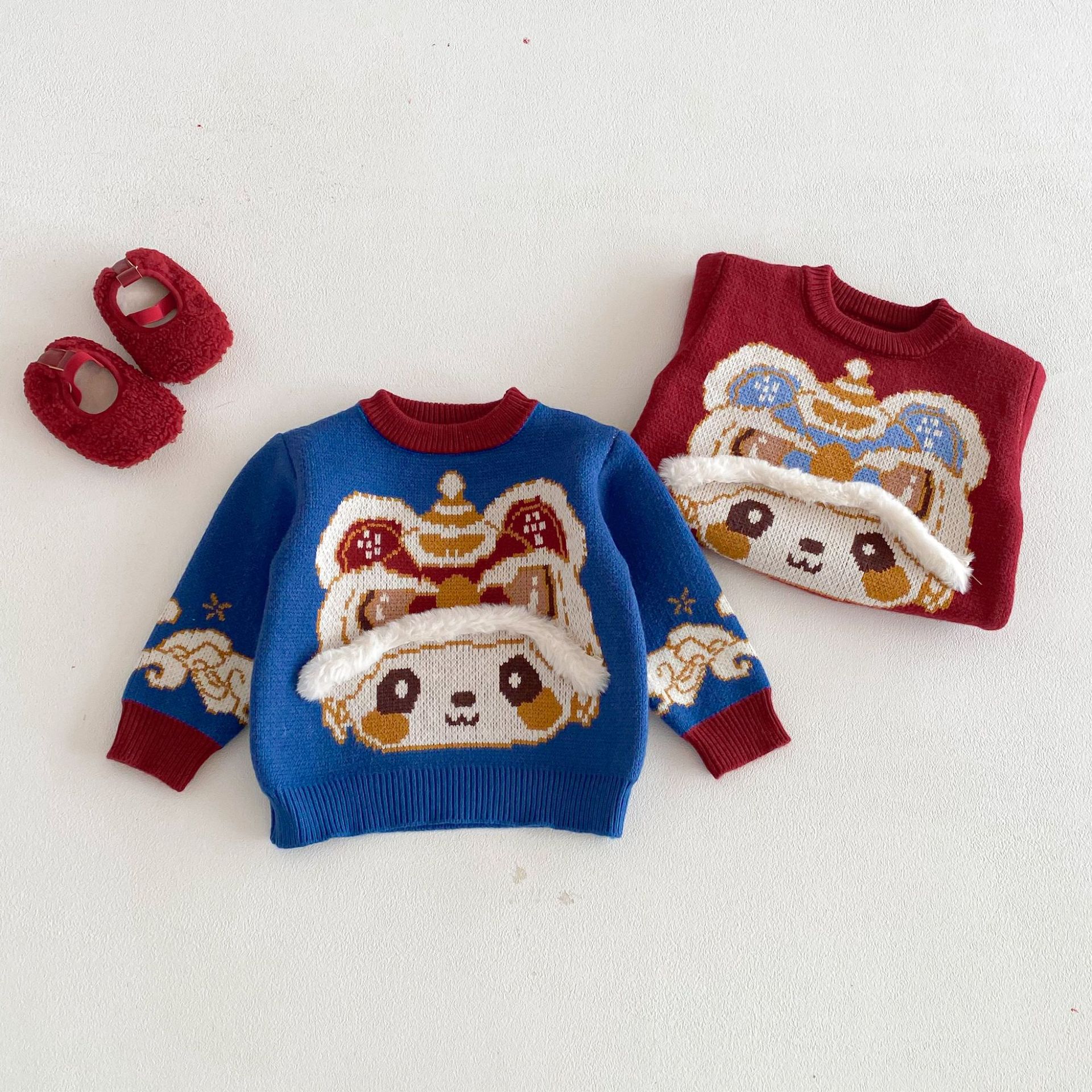 Boyo冬上新-自留款 男童红卡通国潮毛衣 过年服1-3岁上衣红色年装