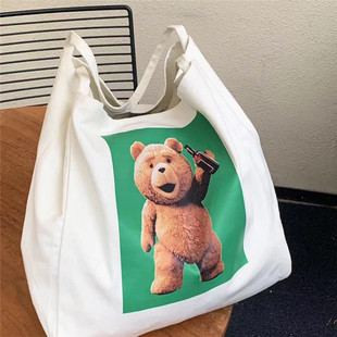 韩国东大门时尚大容量托特包啤酒熊帆布包单肩百搭休闲印花布包
