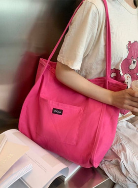 慵懒风纯色帆布包2023新款ins女包大容量简约韩版单肩文艺斜跨包