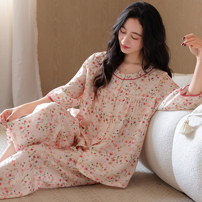 夏季睡衣甜美风女士莱赛尔七分袖碎花睡衣薄款开衫宽松家居服套装
