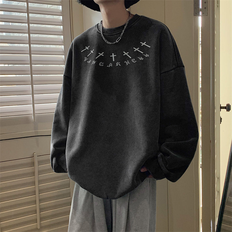 W03XZ517A-6P60秋冬新款水洗做旧十字架图案宽松休闲卫衣,男装卫衣,星座517A-6