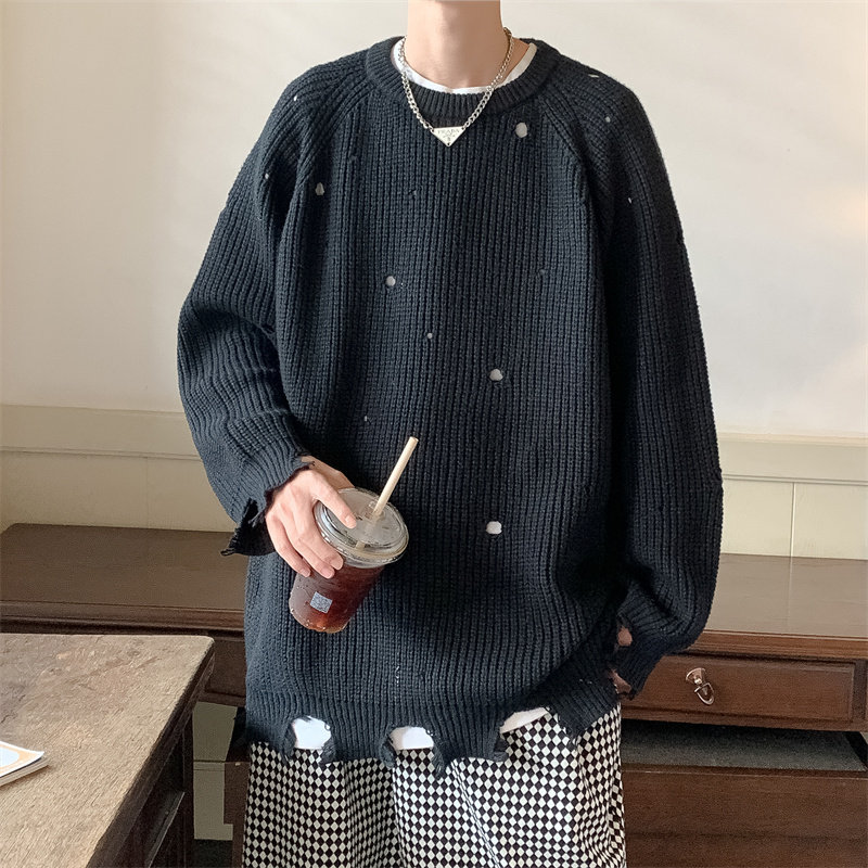 XZ517A-6M001P68秋冬新款宽松破洞休闲纯色毛衣,男装针织衫/毛衣,星座517A-6