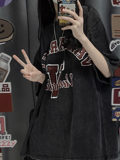 XZ517A-6T003P38纯棉洗水做旧工艺宽松复古美式ins圆领短袖t恤，女装T恤，星座517A-6