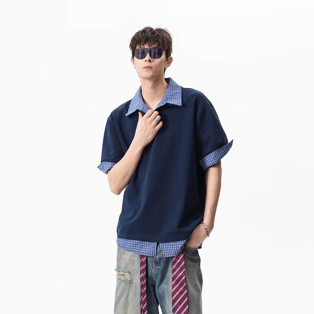 翻领假两件短袖POLO衫男款韩版修身潮流新款百搭休闲设计感T恤衫