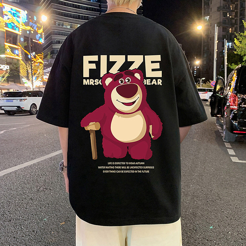 纯棉夏季短袖t恤男潮牌美式高街2024新款半袖oversize草莓熊体恤