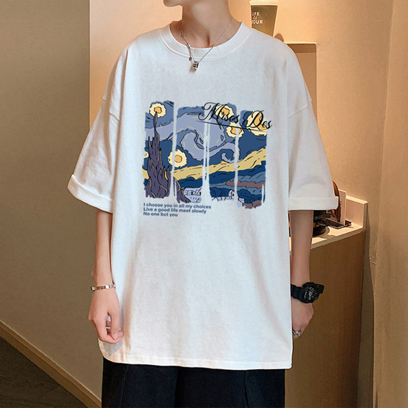 星月夜宽松纯棉美式短袖T恤男夏季2024新款体恤港风潮牌男装衣服t