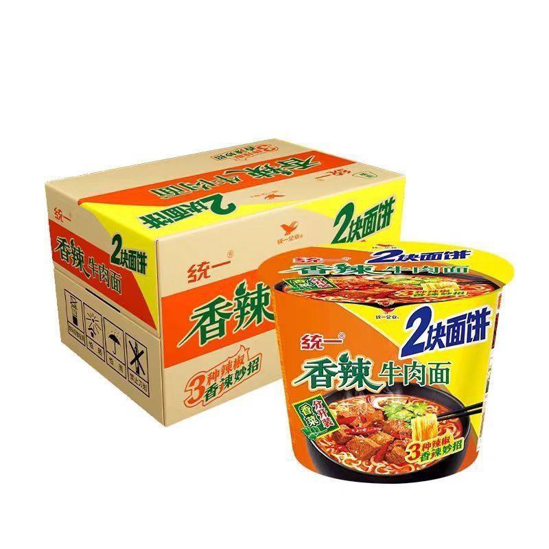 统一方便面两块面饼大桶面双面饼香辣牛肉面12桶整箱速食泡面图片