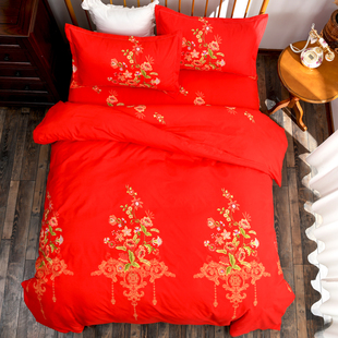 结婚磨毛新婚床上用品春秋夏季 中式 婚庆四件套大红床单双人被套