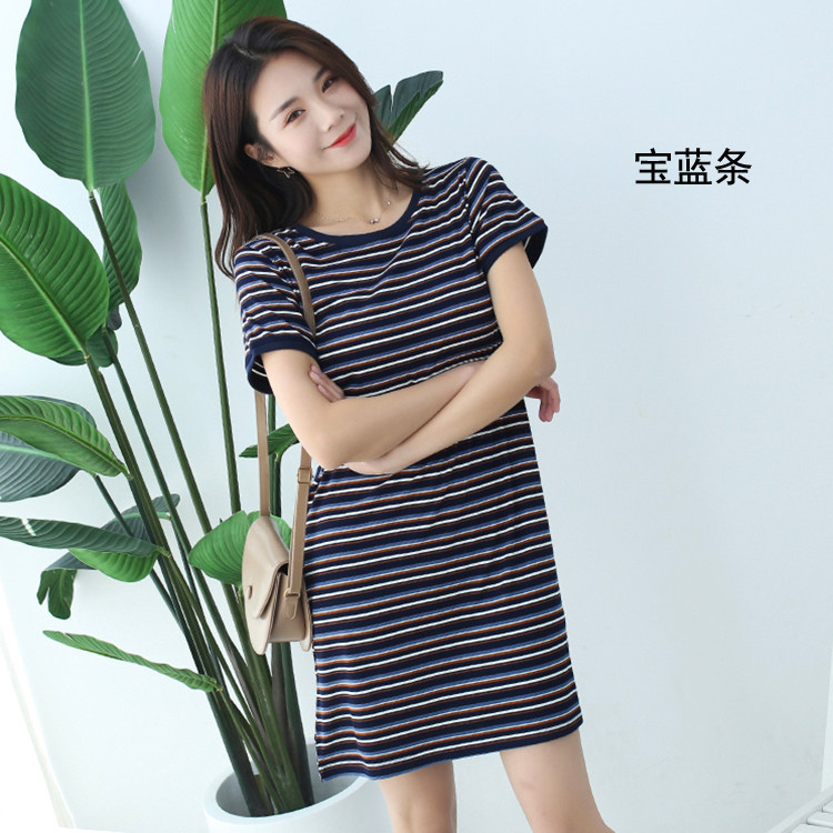 睡裙女2022年新款彩色条纹套头中长款睡裙女夏短袖冰丝可外穿