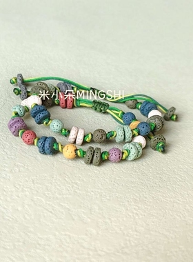 高级感火山石手链绿色森系小众设计2025春夏新款彩色手链可调节