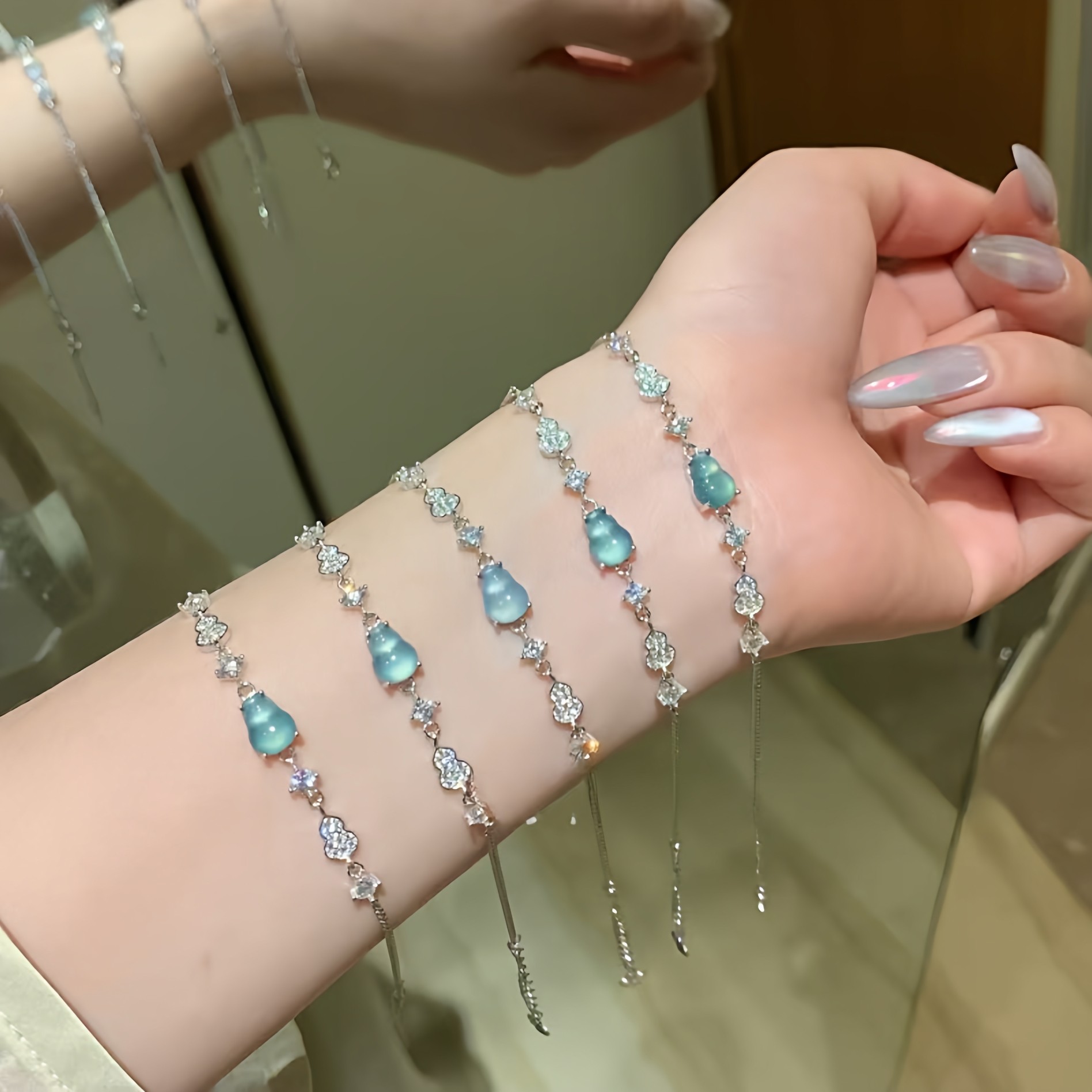 s925银天然蓝水翡翠葫芦手链小清新设计款