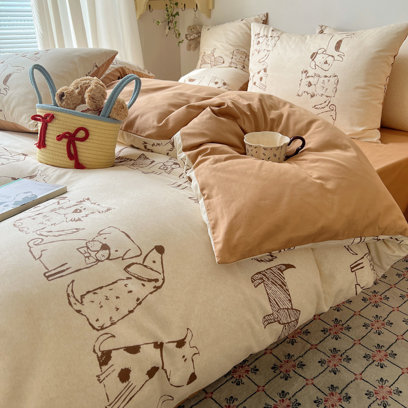 卡通可爱全棉四件套纯棉碎花床单被套纯色1.5床笠学生宿舍三件套