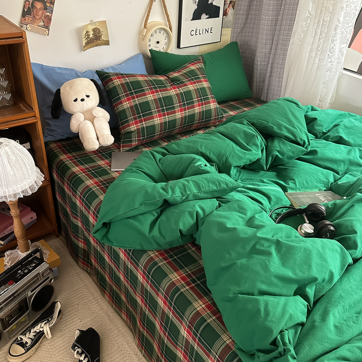 ins博主风全棉纯棉色织水洗棉四件套纯色格子圣诞节床单被套床笠