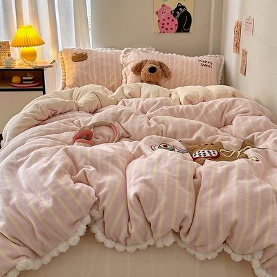 卡通可爱毛巾绣毛球款牛奶绒四件套条纹加厚保暖冬季床单被套床笠