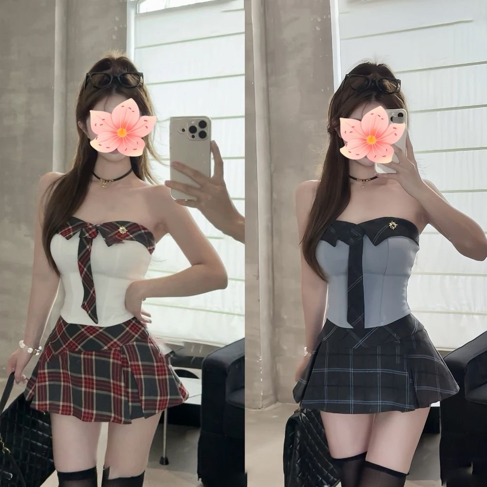 美式学院夏装新款学院风领带拼接翻领无袖上衣格纹半裙辣妹套装