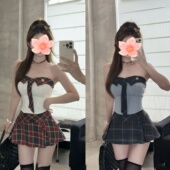 上衣格纹半裙辣妹套装 美式 学院风领带拼接翻领无袖 新款 学院夏装