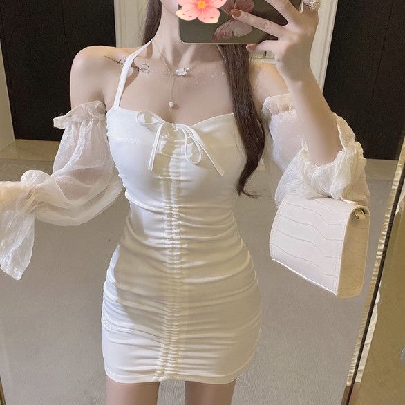 挂脖吊带白色连衣裙女早春