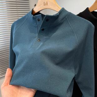 磨毛德荣绒打底衫男半高领门筒暗扣t恤男长袖秋冬季青年内搭上衣