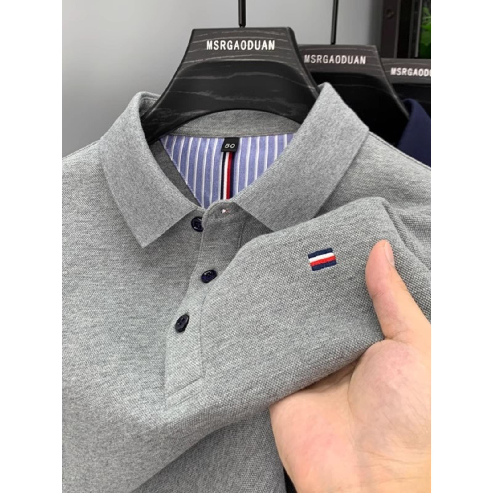 2025新款男士t恤纯棉经典绣花翻领长袖Polo衫，适合中青年男士