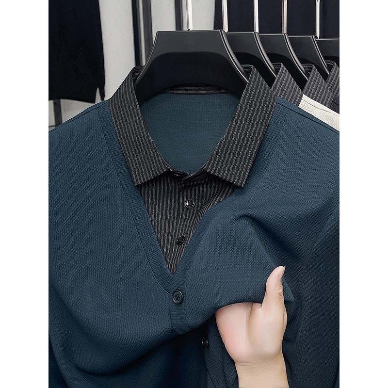 高端新款假两件长袖t恤男士秋季商务休闲免烫衬衫领上衣打底衫潮