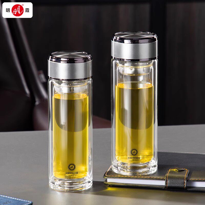 明霞双层玻璃杯简约透明男士家用带盖水杯高硼硅加厚办公泡茶杯子