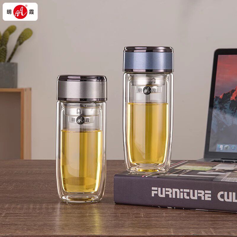 明霞双层玻璃杯高硼硅透明加厚水杯办公家用车载带盖过滤泡茶杯子