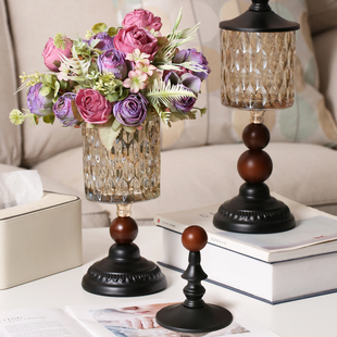 饰储物罐花瓶美式 复古摆件 高颜值水晶玻璃糖果罐高脚装 中古风法式