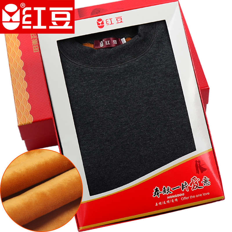 红豆中老年加绒加厚中领半高领男女士冬季加肥加大码保暖内衣套装