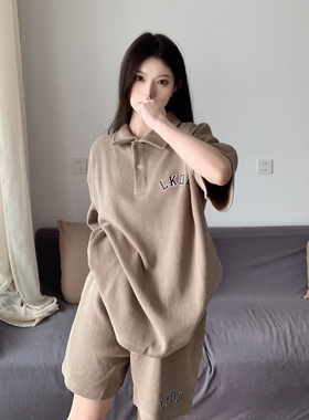 LKSTORE LKOD2022春夏新款华夫格休闲刺绣polo短袖套装情侣短裤潮
