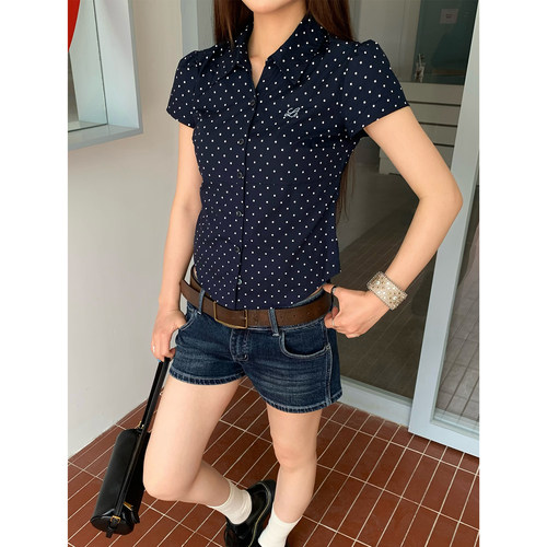 夏季美式波点满印修身短款女衬衫