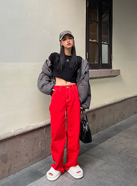 LKSTORE LKOD 2021秋冬新款潮牌红色休闲裤 高腰街头百搭牛仔长裤
