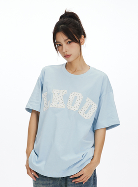 LK STORE LKOD2024夏季新款碎花贴布圆领字母男女情侣T恤短袖打底