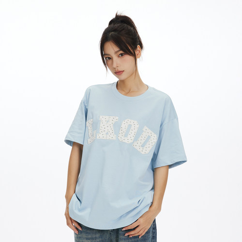 LKOD短袖休闲情侣碎花贴布字母T