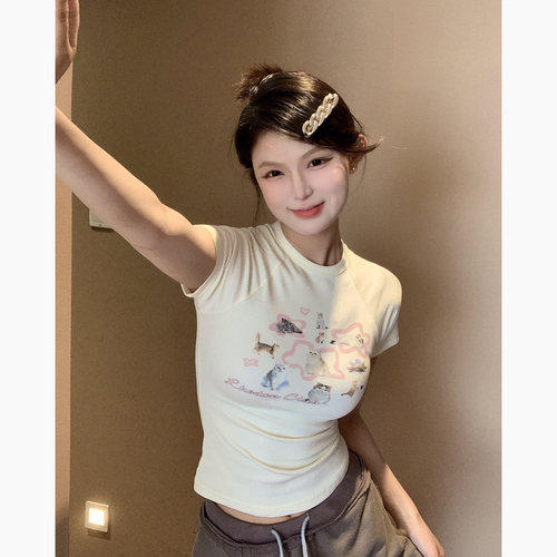 LKOD猫咪印花辣妹修身短袖T恤