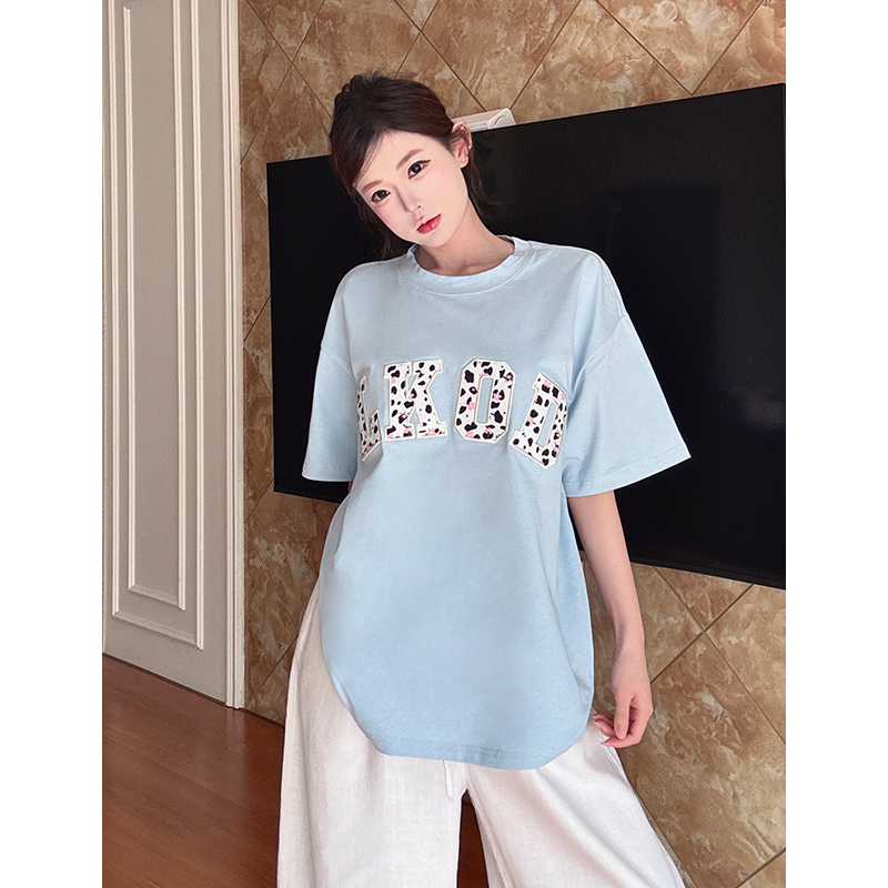 LK STORE LKOD2025奶牛豹纹花朵贴布字母圆领牌短袖打底女宽松tee