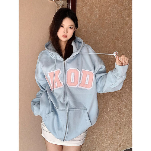 LKOD休闲皮标字母拉链帽衫