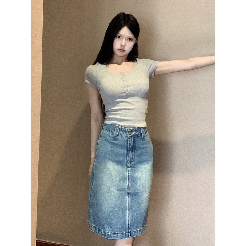 LKOD美式水洗牛仔中长裙