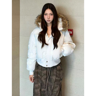 LK STORE LKOD新款短款毛领刺绣字母加厚修身女辣妹白色棉服外套