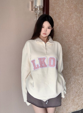 LKSTORE LKOD2022秋冬新款半拉链皮质字母卫衣男女情侣加绒polo衫