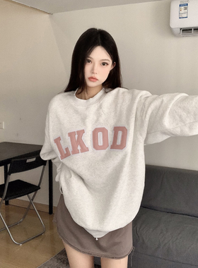LKSTORE LKOD2022秋冬新款皮质字母圆领潮牌休闲男女同款卫衣百搭