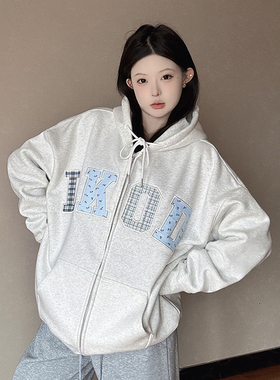 LKSTORE LKOD2024秋季新款潮牌格子碎花贴布外套男女同款帽衫长袖