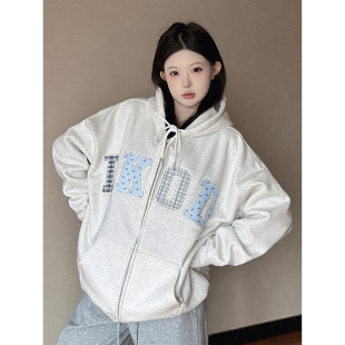 LKOD2024秋季 长袖 新款 帽衫 潮牌格子碎花贴布外套男女同款 LKSTORE