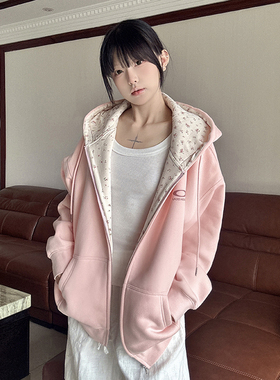 LK STORE LKOD2024秋冬新款碎花拼接连帽加绒卫衣潮情侣外套帽衫