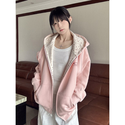 LKOD碎花拼接情侣拉链帽衫