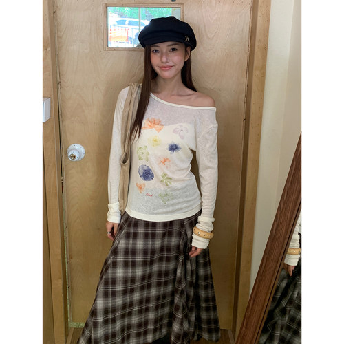 LKOD花朵印花漏肩长袖打底衫