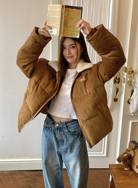 LK STORE LKOD2025秋冬新款加厚短款灯芯绒拼接棉服修身情侣女