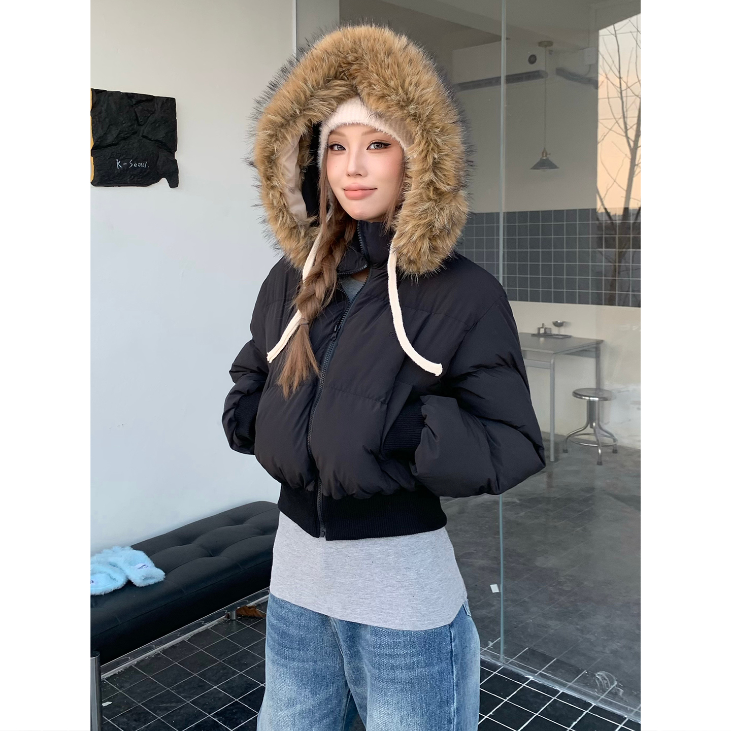 短款长袖常规保暖青少年毛领刺绣