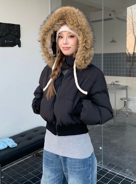 LK STORE LKOD新款od刺绣毛领短款美式修身外套保暖棉服棉衣女